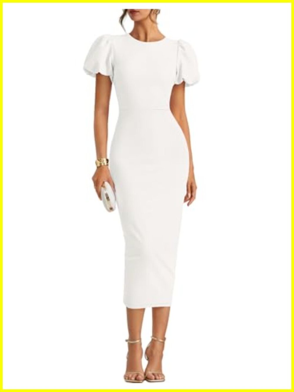 Womens Bodycon Midi Dress Short Sleeve Puff Sleeve Crew Neck Back Zipper